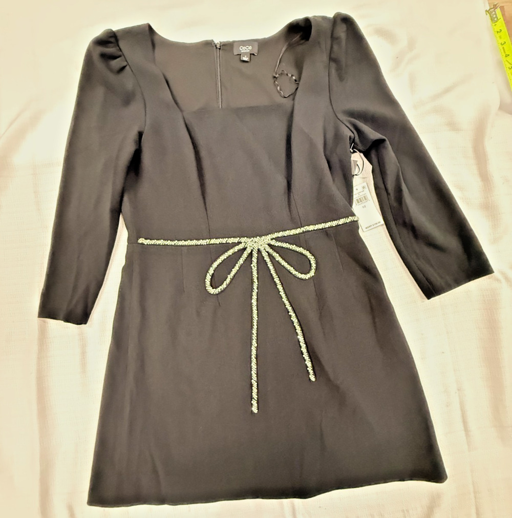 CeCe Dress Size 12 NWT Rich Black Rhinestone Bow Accent Cocktail Evening Dress